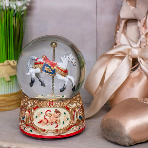 Gilded Gold Tone Cupid and Carousel Horse 100MM Musical Water Globe Plays Tune Unchained Melody...