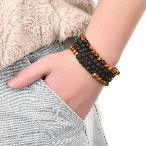 FASHEWELRY Mala Yoga Men Bracelet Making Kit - 220pcs Natural Gemstone Lava Rock Tiger Eye Beads Healing Crystal Chakra Stone Beads with Black Nyl...