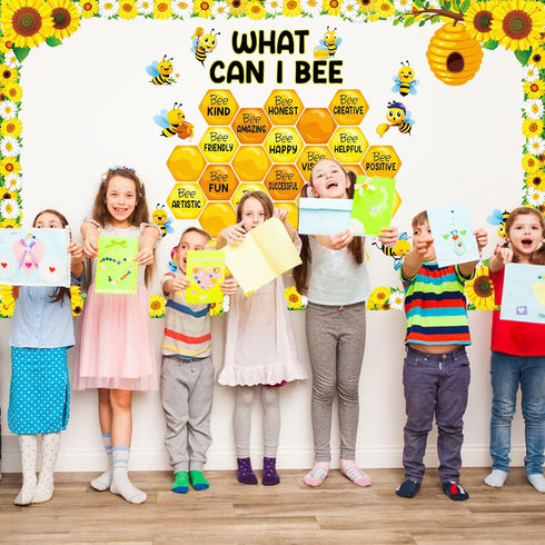 66 Pieces Bee Bulletin Board Decorations - Bee Hive Theme Cutouts Classroom Bulletin Board Decor Border Set Sunflower Cutouts for Classroom Wall B...