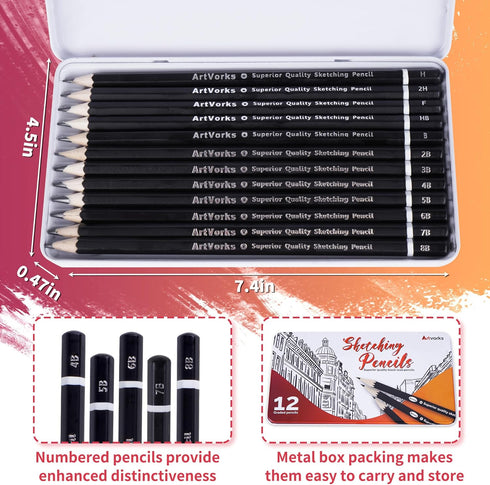 12 PCS Drawing Pencils – Professional Graphite Sketch Pencils (8B-2H) in a Robust Metal Case – Ideal for Drawing, Sketching, Shading for Artists &...