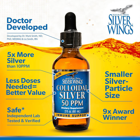 Natural Path Silver Wings Colloidal Silver Liquid - Daily Immune Support Supplement - 50ppm (250mcg) - 2oz Spray...