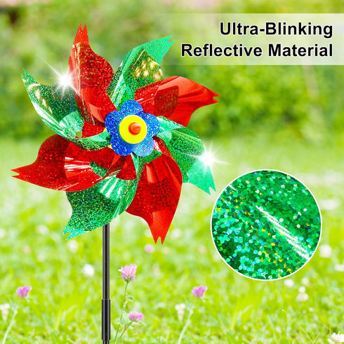 timecity 4 PCS Pinwheels Red Green Wind Spinners 9.5inch Sparkly Garden Pinwheel Reflective Windmills Scare Birds Animal Away Spinner for Yard and...