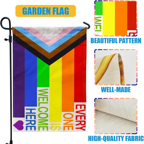 Pride Progress Garden Flag, Everyone is Welcome Here Small Yard LGBTQ Rainbow Garden Flag for Pride Month Outside Outdoor Hanging Decorations 12x1...