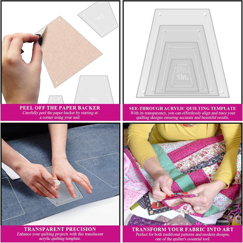 Quilting Acrylic Template Set | Precision Tools for Quilting Enthusiasts | Tumbler Blocks Design | includes Sizes 4", 3", 2", 1" | 1/8 Clear Acryl...