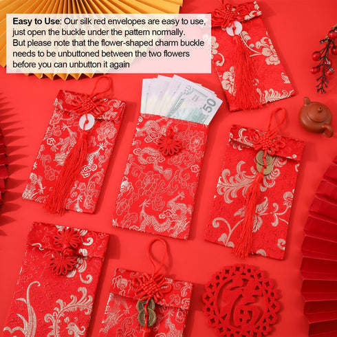 6pcs Silk Red Envelopes Chinese, Silk Hong Bao Chinese New Year Red Lucky Money Envelope with Traditional Patterns & Pendants Red Pocket for Sprin...