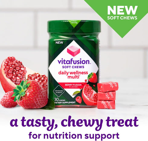 Vitafusion Soft Chews Daily Wellness Multi(1), Chewable Multivitamins for Adults, Individually Wrapped, Berry Fusion Flavor, 30 Chews, 30 Day Supp...