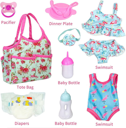 UNICORN ELEMENT 8 Pcs Baby Doll Clothes and Accessories, Baby Doll Feeding and Caring Set with Baby Doll Diaper Bag, Clothes, Diapers, Bottles, Pa...