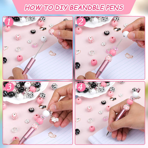 18 Pieces Beadable Pen Diy Cow Series Ballpoint Pen Set In Black Ink, With 110 Various Beads, 18 Pcs Lobster Clasps, 18 Cow Pendants, Diy Gifts Cr...