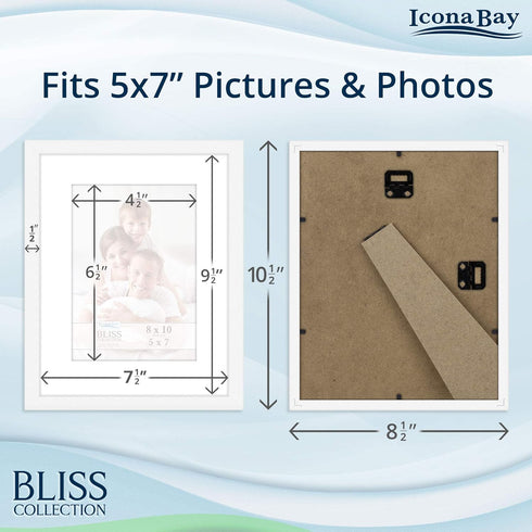 Icona Bay - 8x10 White Picture Frame with Removable Mat for 5x7 Photo - Modern Style Engineered Wood Frame - Table Top or Wall Mount - Bliss Colle...