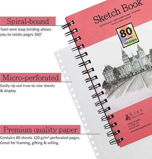 Elan Sketch Book A5, 80 Sheets Italian 120gsm Paper, A5 Sketchbook Spiral Bound Made for Artists, A5 Art Book, Sketching Pad A5, Lightweight Drawi...