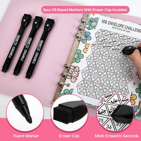 100 Envelope Savings Challenge Binder, 100 Envelopes Money Saving Challenges, A5 100 day cash $5050 challenge book, 3 Markers and 3 Laminated trac...