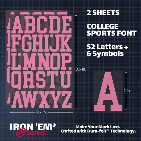 IRON 'EM Pink Iron On Letters for Fabric, Clothing, Custom Tshirt, DIY Craft for Kids, Adults, and Toddlers 2" Felt Letters for Fabric, Heat Trans...
