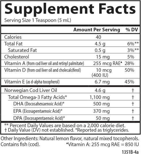 Carlson - Cod Liver Oil, 1100 mg Omega-3s, Liquid Fish Oil Supplement, Wild-Caught Norwegian Arctic, Sustainably Sourced Nordic Liquid, Lemon, 250...