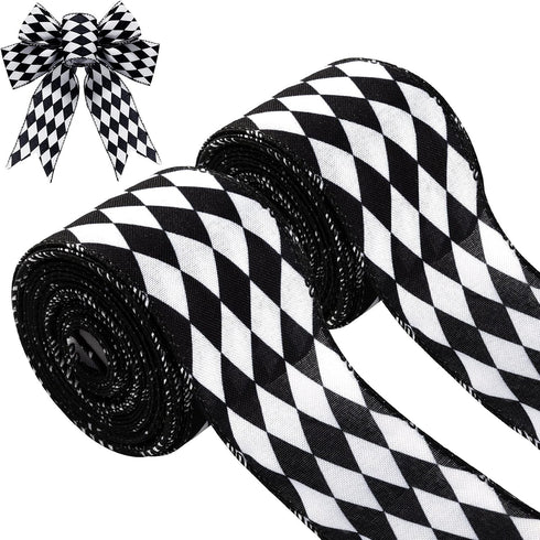 2 Rolls Christmas Checkered Ribbon Black and White Check Ribbon Diamond Check Wired Edge Ribbon Diamond Pattern Decorative Ribbons for Christmas F...