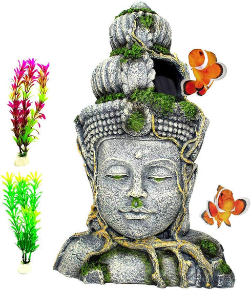 PINVNBY Aquarium Buddha Head Statue Decorations,Fish Tank Resin Large Buddha Sculpture Ornament,Betta Hideout Cave Sleep Rest Play for Small Fish ...