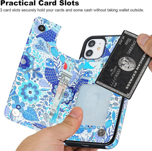 HAOPINSH for iPhone 11 Wallet Case with Card Holder, Blue Flower Bird Pattern Back Flip Case PU Leather Kickstand Card Slots Case for Women Girls,...