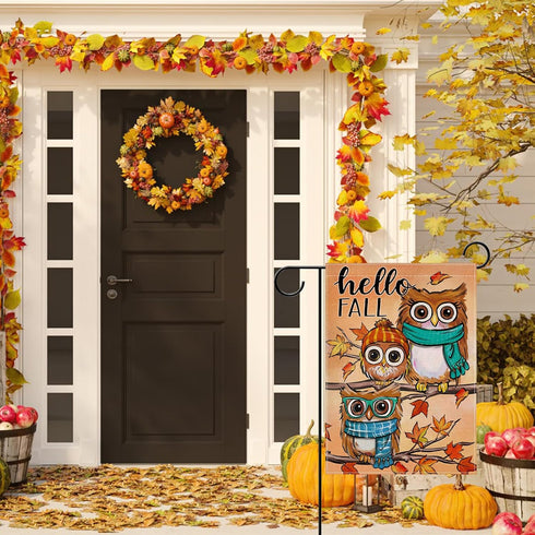 Hello Fall Owls Small Decorative Garden Flag, Autumn Maple Leaves Farmhouse Seasonal Yard Lawn Outside Decor, Thanksgiving Burlap Outdoor Home Dec...