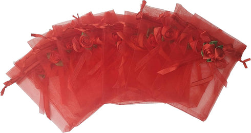 50pcs Sheer Organza Favor Bags for Wedding 3.8x4.8'' Gift Bags Samples Display Drawstring Rose Pouches (hot red)...