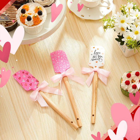 3 Pcs Valentine Silicone Spatulas with Wooden Handles Valentine Pattern Heat Resistant Baking Silicone Spatulas with Pink Satin Ribbon Bows for Ba...