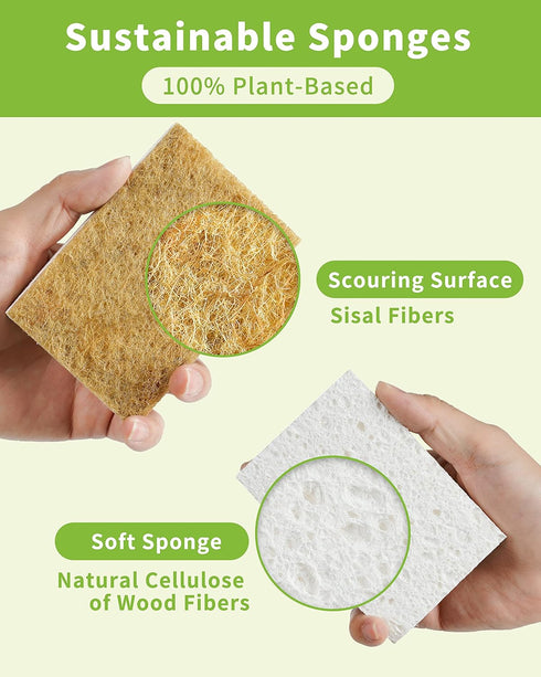 Biodegradable Natural Kitchen Sponge 12Pack, Compostable Cellulose and Coconut Walnut Scrubber Sponge...