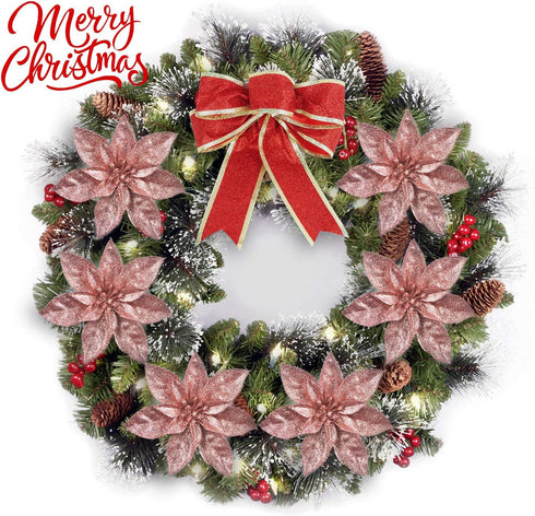 GL-Turelfies 12 Pcs Glitter Christmas Flowers(16cm/6.3’’) with 12 Pcs Clips Artificial Poinsettia Flower Christmas Tree Flower Decorations Xmas Tr...