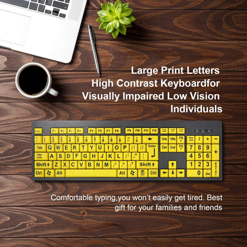 Large Print Computer Keyboard, Wired USB High Contrast Keyboard with Oversized Print Letters for Visually Impaired Low Vision Individuals (Yellow+...