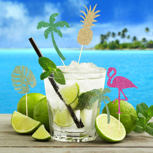 50 Pieces Tropical Hawaiian Luau Cupcake Toppers Glittery Hawaii Cake Cocktail Toothpick Flamingo Pineapple Hibiscus Flowers Palm Leaves Cupcake P...