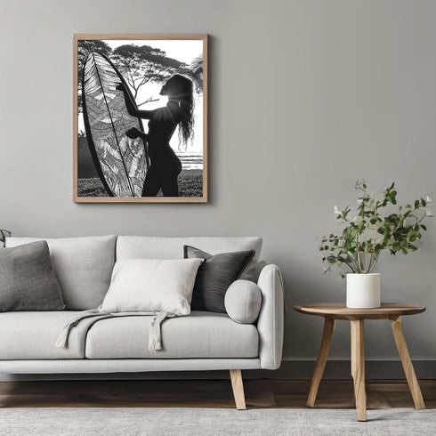Posterizer 1 pcs-black and white art-woman at the beach with surfboard 2-Coastal & Nautical Art Gift for Nature, Surfers and Beach Lovers - unfra...