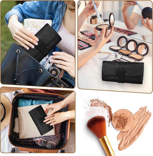 Makeup Brush Roll Up Organizer Bag, Black Travel Makeup Brush Pouch, PU Leather Make up Brush Case, Cosmetic Bags Holder for Women, Can Hold 12 Po...