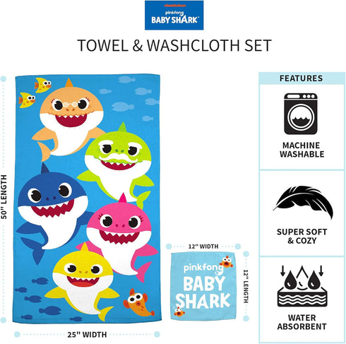 Franco Baby Shark Kids Bath/Pool/Beach Soft Absorbent Cotton Terry Towel with Washcloth 2 Piece Set, 50 in x 25 in...