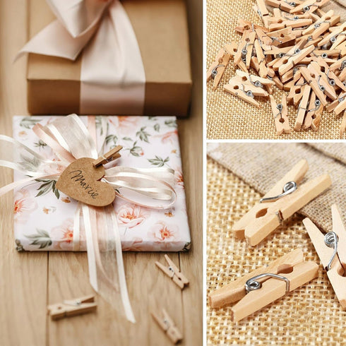 Sturdy Mini Clothes Pins for Photo, 150 Pcs 1 Inch Natural Wooden Clothespins with 33 FT Jute Twine, Small Clips for Crafts Display, Baby Shower G...