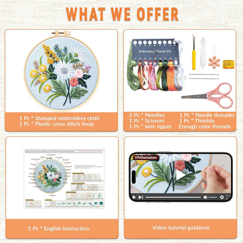 VIVAwisdom Flower Cross Stitch Kits, Water Soluble Embroidery+Kits,Fun Crafts for Adults,DIY kit for Women to Enjoy Needlework Making People Calm ...