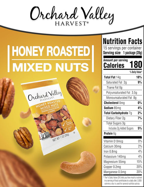 Orchard Valley Harvest Honey Roasted Mixed Nuts, 1 Ounce Bags (Pack of 15), Almonds, Peanuts, Pecans, and Cashews, Gluten Free, Non-GMO, No Artifi...
