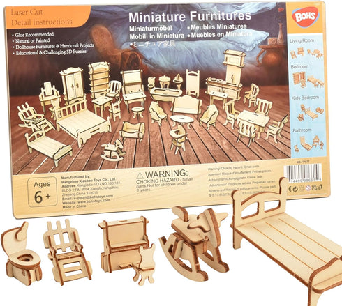 BOHS 34-Piece Dollhouse Furniture Set - Laser Cut Wooden 3D Puzzles - Miniature Doll House DIY Models and Accessories...