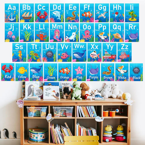 57 Pcs Alphabet Number Bulletin Board Set Under The Sea ABC Letters Number 0-10 Cards Cutouts Ocean Creatures Color Shape Educational Posters for ...