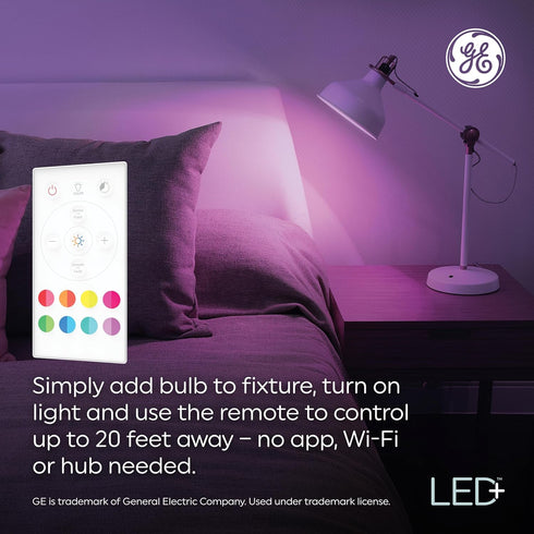 GE LED+ Color Changing LED Light Bulbs with Remote, 9.5W, No App or Wi-Fi Required, A19, CAC (2 Pack)...