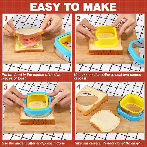 HINZER Sandwich Cutter and Sealer Set 4 Pcs Bread Decruster Sandwich Cutter Pancake Maker Heart Square Circle Dinosaur Shape DIY Cookie Cutters Gi...