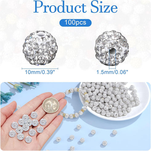 QINJIEJIE 100pcs 10mm Rhinestone Beads for Jewelry Making White Beads Sparkly Disco Ball Beads Bulk Round Crystal Diamond White Clay Beads for Nec...