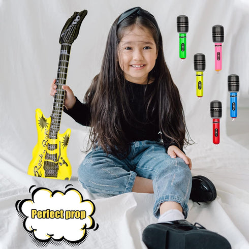 11Pcs Inflatable Rock Star Band Set, Waterproof PVC Music Instruments Party Props Blow Up Guitar Microphones Saxophone for Kids Toy Ornament Karao...
