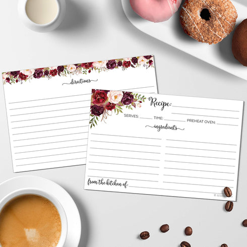 321Done Recipe Cards (Set of 50) Floral 4" x 6" - Double-Sided for Weddings, Bridal Shower - Made in USA - Large Watercolor Red Roses, White From ...