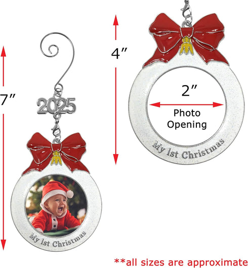 Baby's 1st Christmas Photo Ornament with a 2025 Charm - Shaped Like a Bulb with White Glitter and A Red Bow Design - Gift-Storage Bag Included - 3...