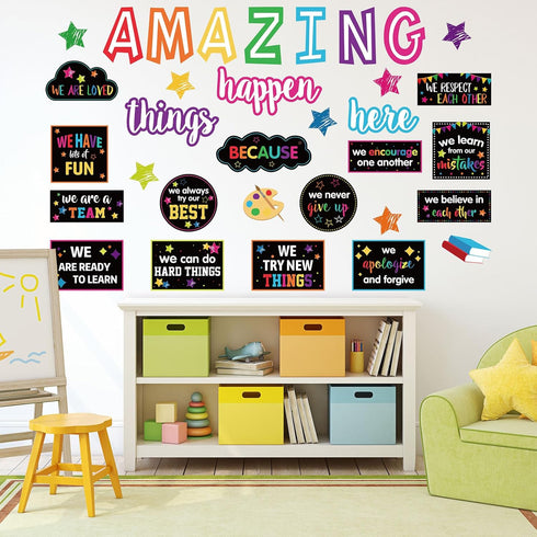 41Pcs Motivational Bulletin Board Decoration Amazing Things Happen Here Paper Cutouts with 100Pcs Glue Points Bulletin Border Stickers for Classro...