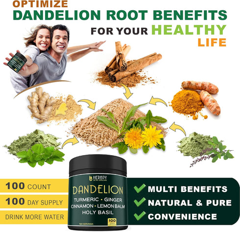 Dandelion Root Supplement 7500mg 6in1 for Digestion, Heart Health & Immune - Blended with Ginger, Turmeric Curcumin, Ceylon Cinnamon, Lemon Balm &...