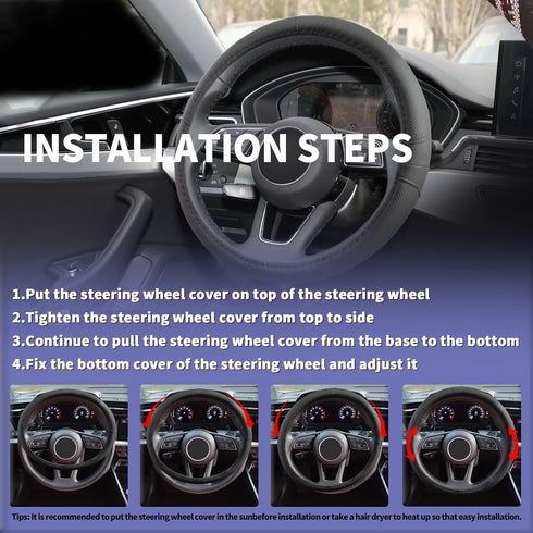 Leather Steering Wheel Cover, Car Steering Wheel Cover, Microfiber Leather Covers Breathable Anti-Slip Odorless Universal Fit 14.5-15 inches - Bla...