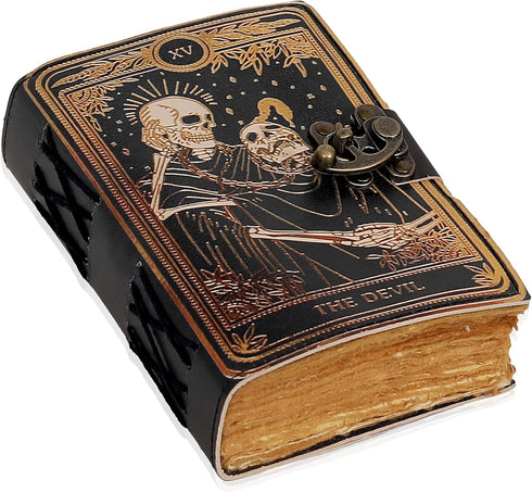 VC Book of Spells Leather Journal Deckle Edge Paper Grimoire Printed Journal The Devil Tarot Notebook Spiral Gothic Notebook Skull lover Antique V...