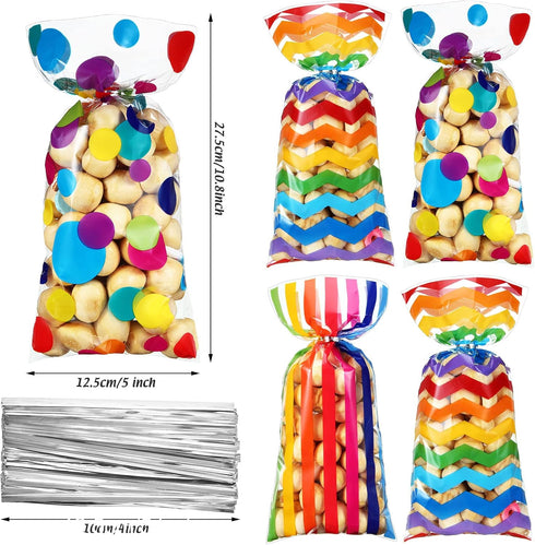 105 Pcs Rainbow Cellophane Treat Bags Bulk Plastic Polka Dot Stripes Goodie Candy Favor Bags with Twist Ties for Back to School Party Favors Anniv...