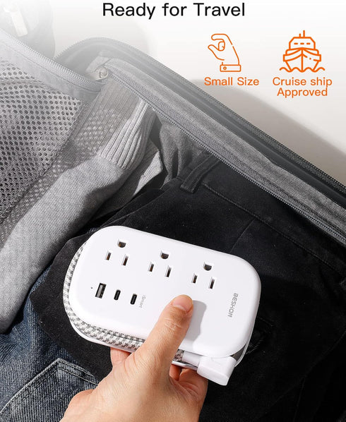 BESHON Flat Plug Power Strip, 3 Outlets with 3 USB Ports(2 USB C), Ultra Flat 3.2ft Wrapped Around Extension Cord for Cruise Ship, Travel, Dorm Ro...