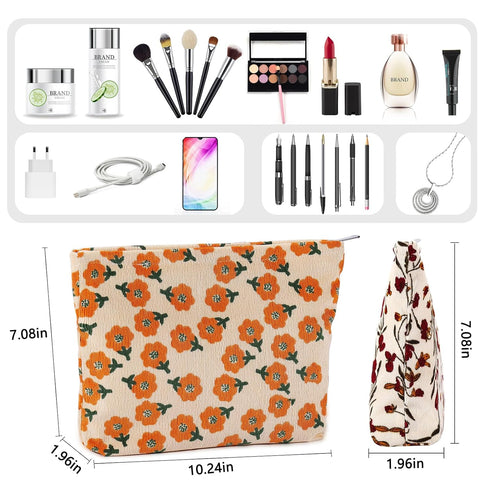 2Pcs Daisy Flower Makeup Bag Travel Cute Cosmetic Bags for Women Large Floral Makeup Pouch Zipper Cosmetic Pouch Set for Purse Aesthetic Corduroy ...
