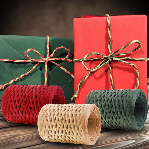 CREATRILL Raffia Ribbon Red Green Natural 3 Rolls 1080 Feet, 360 Feet Each Roll, Paper Twine Wrapping Ribbon for Christmas...