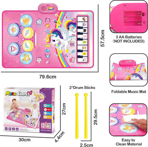3 in 1 Piano Drum Babies Play Mat, Piano Keyboard & Drum Animal Touch Unicorn Toys for Girls, Baby Toys for 1 Year Old Toddler Girl Toy Age 1-2 Bi...